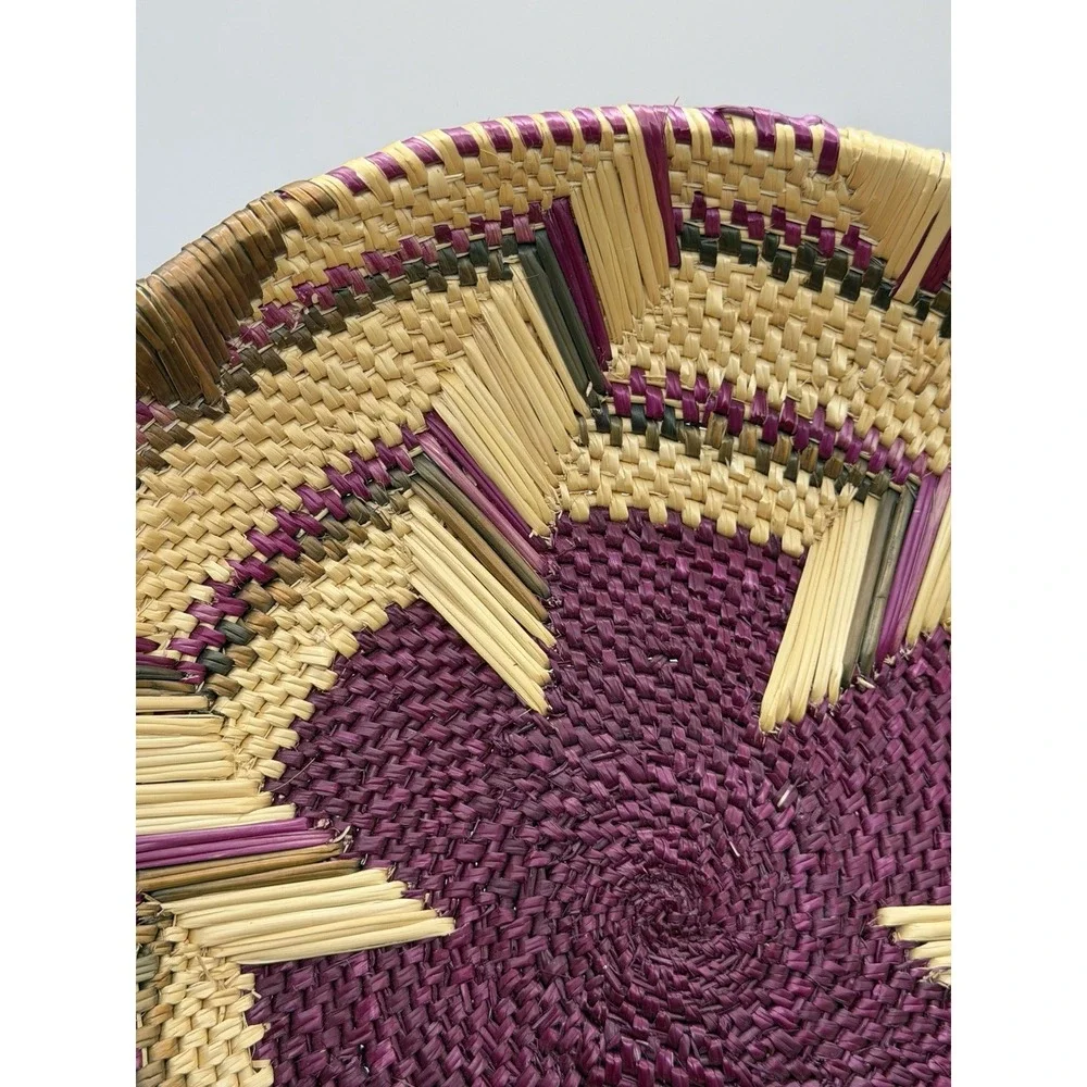 Handwoven African Wicker Basket Bowl Handles Boho Tribal Decor Purple & Green